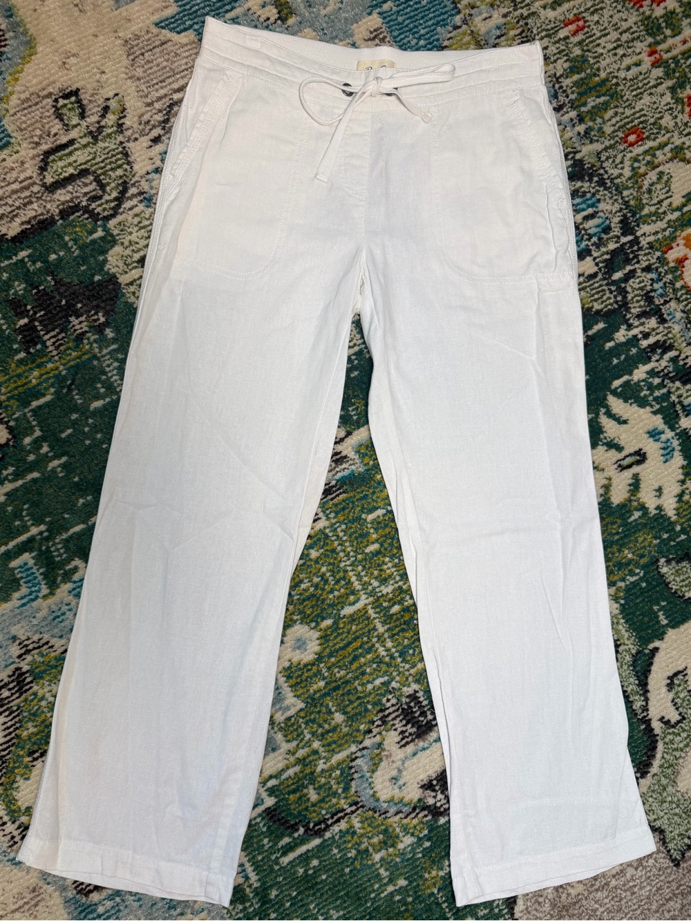 Per Se White Linen Blend Drawstring Straight Leg Pants Small Coastal Minimalist - Picture 3 of 7